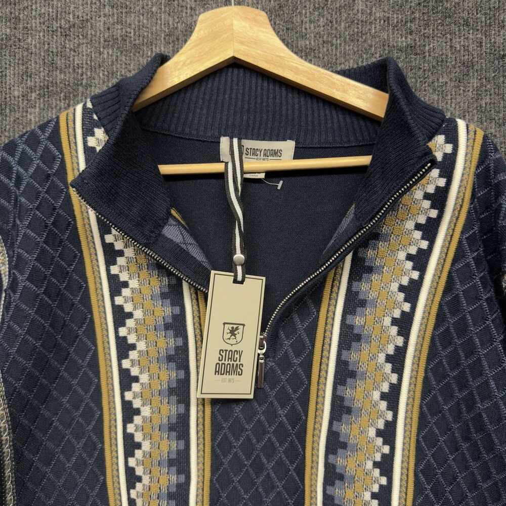 Vintage Stacy Adams 3D Knit Sweater Men 5XL Blue Navy Coogi Style Quarter Zip